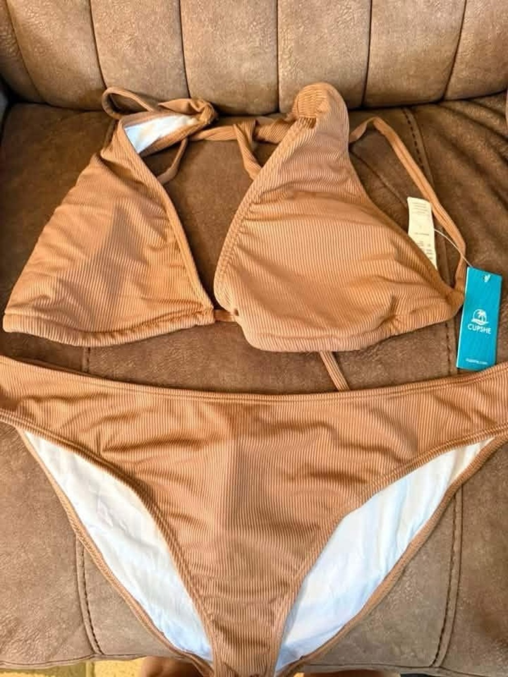 Cupshe Ribbed Tan Triangle Bikini Set